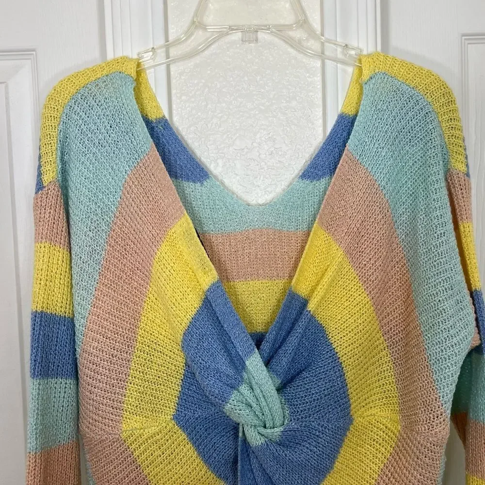 Gilli Sweater Pastel Rainbow Striped Twist Front Drop Shoulder Acrylic Size L